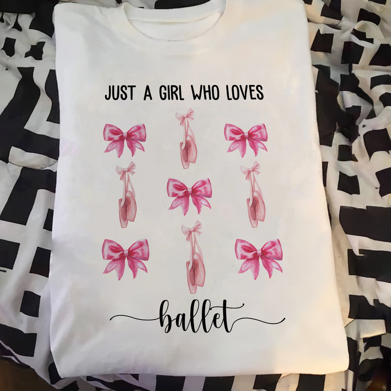 White coquette pink bow baseball tee with ballet shoes and bows design saying Just a girl who loves ballet