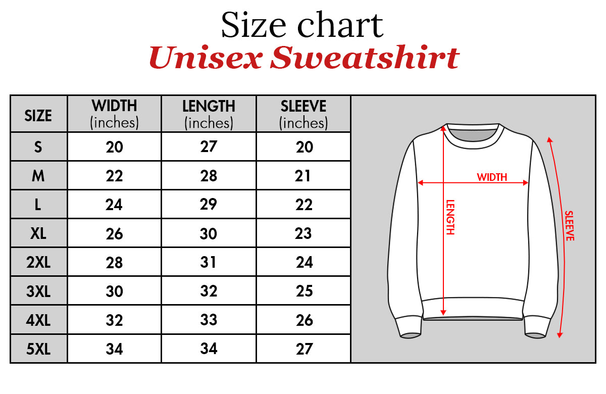 Size chart for unisex sweatshirt showing width length and sleeve measurements in inches for custom matching shirts for couples