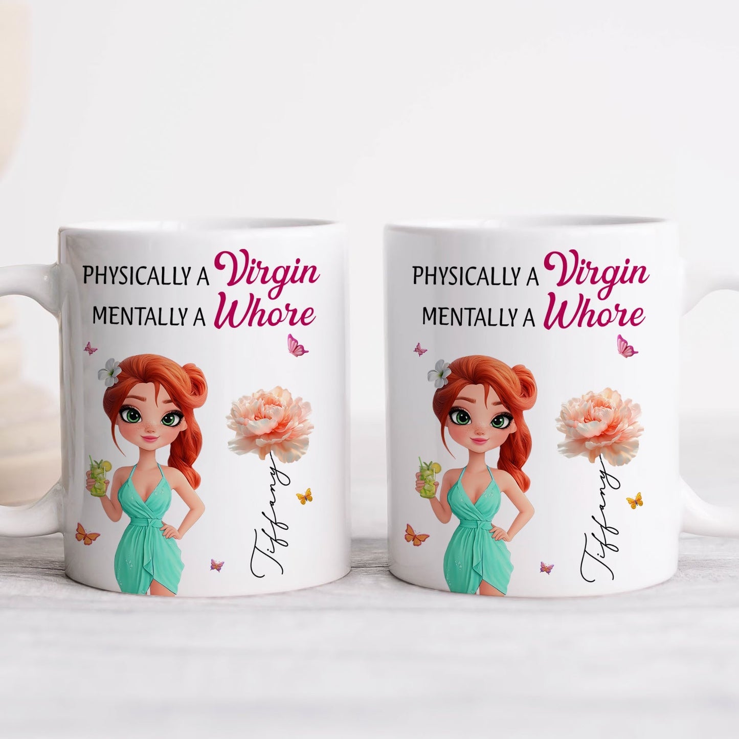 custom bestie coffee mug for women featuring red haired cartoon woman floral art and quote Physically a Virgin Mentally a Whore