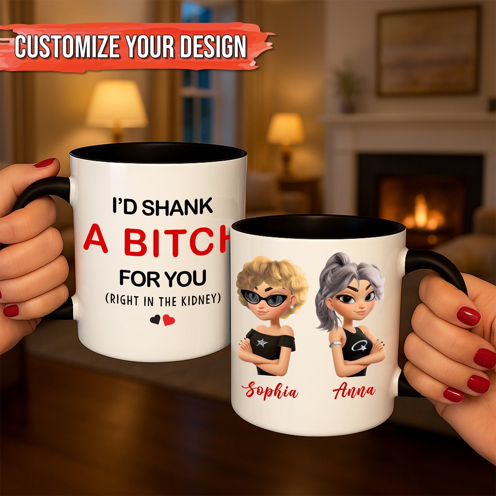 Two white ceramic personalized best friend mug set with black interiors featuring funny quote and custom avatars