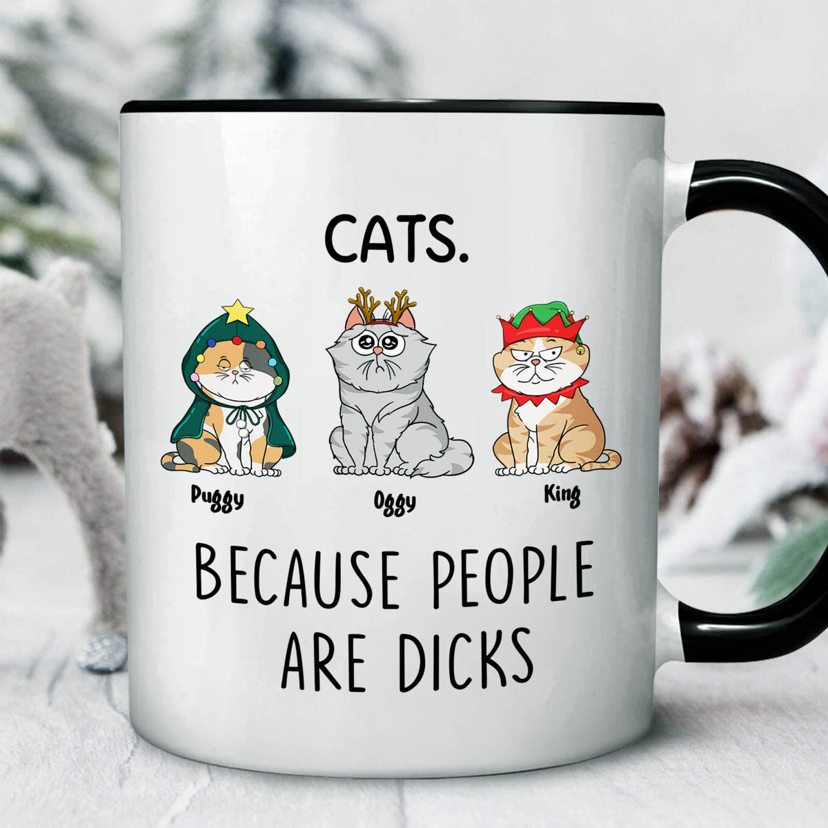 funny cat lover gift mug showing three cartoon cats in holiday costumes with slogan Because people are dicks