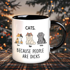 funny cat lover gift mug white with black handle showing three cartoon cats and caption Because people are dicks