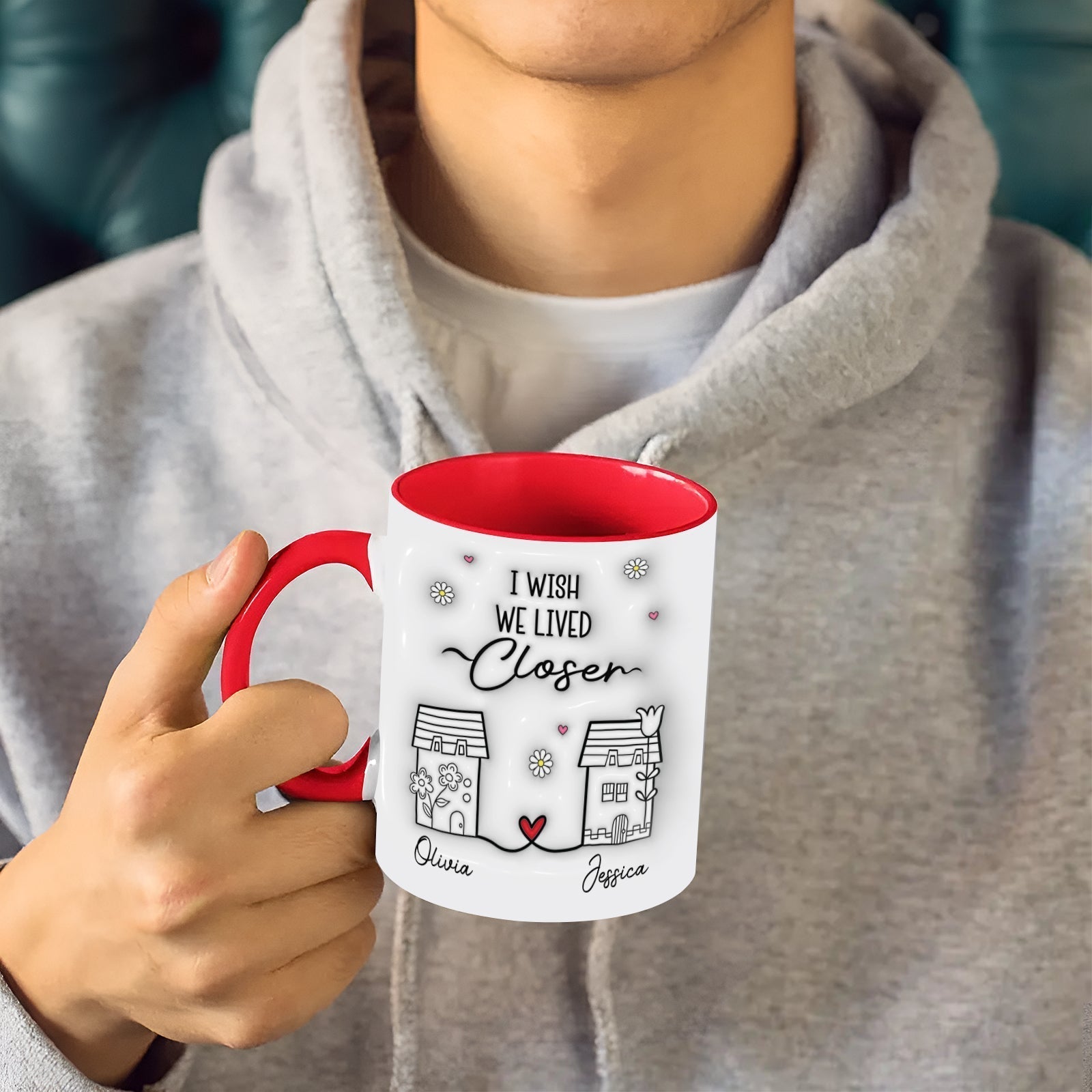 365Gifty ceramic mug with red handle and interior reading I wish we lived closer personalized names friendship long distance gift