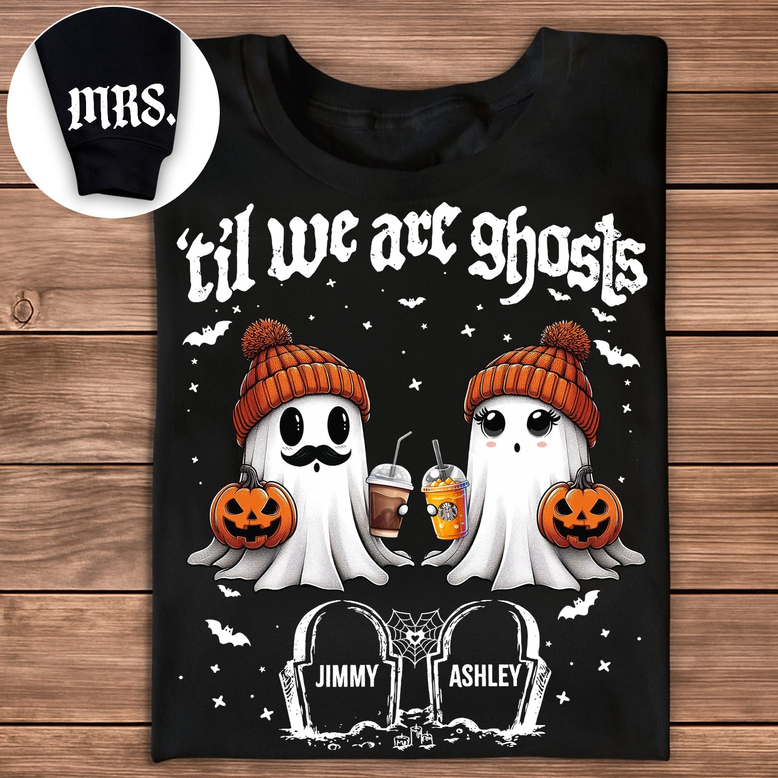 Black personalized Halloween couple shirt with two cute ghosts in orange beanies holding pumpkins and coffee cups
