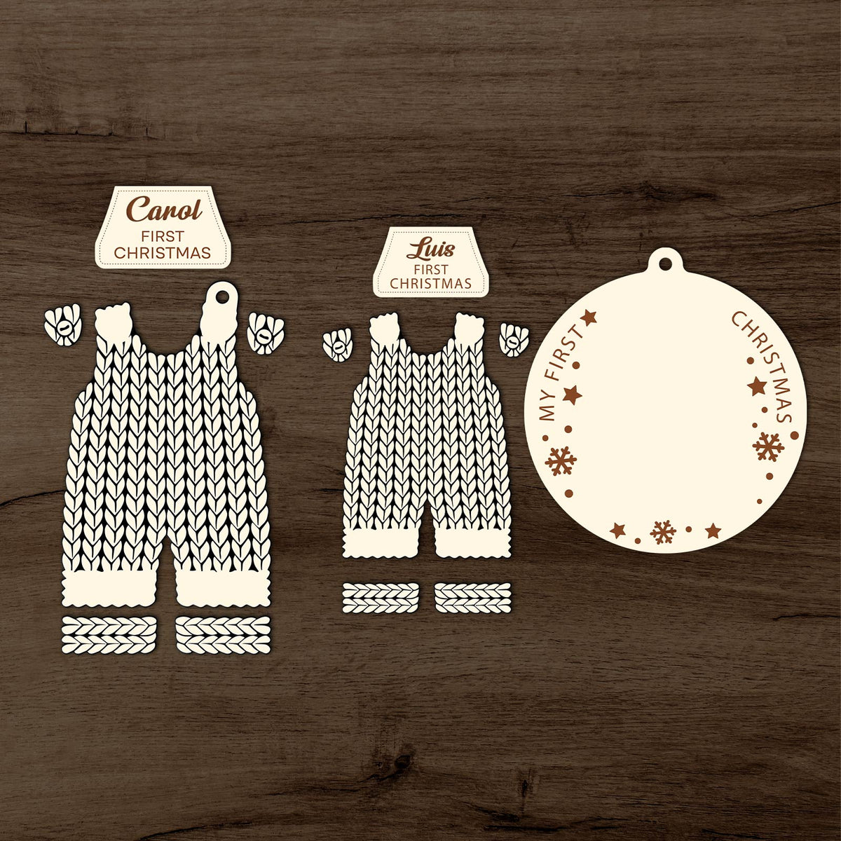 Custom 2-layered Christmas ornament for baby with knitted overalls and personalized first Christmas tags