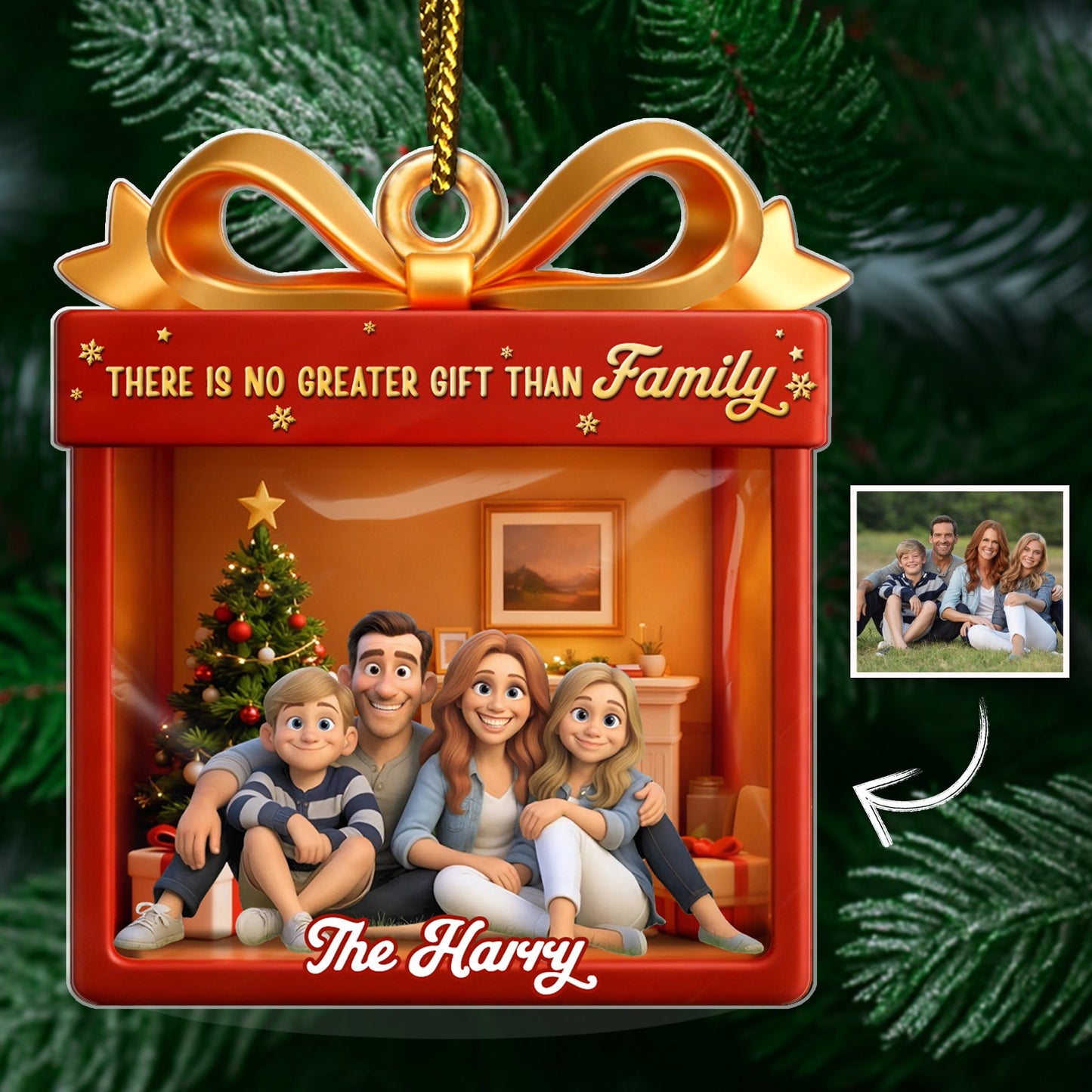 Custom acrylic Christmas ornament featuring a family scene and festive design for holiday decorations