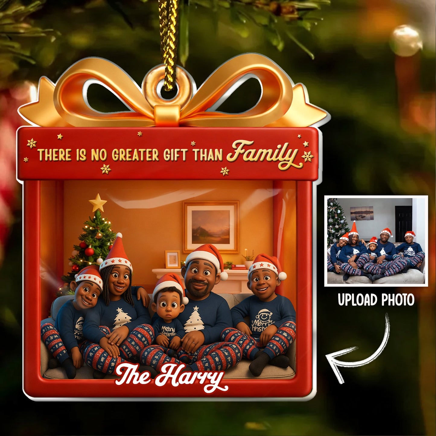 Custom acrylic Christmas ornament featuring a family scene with personalized text and festive decorations