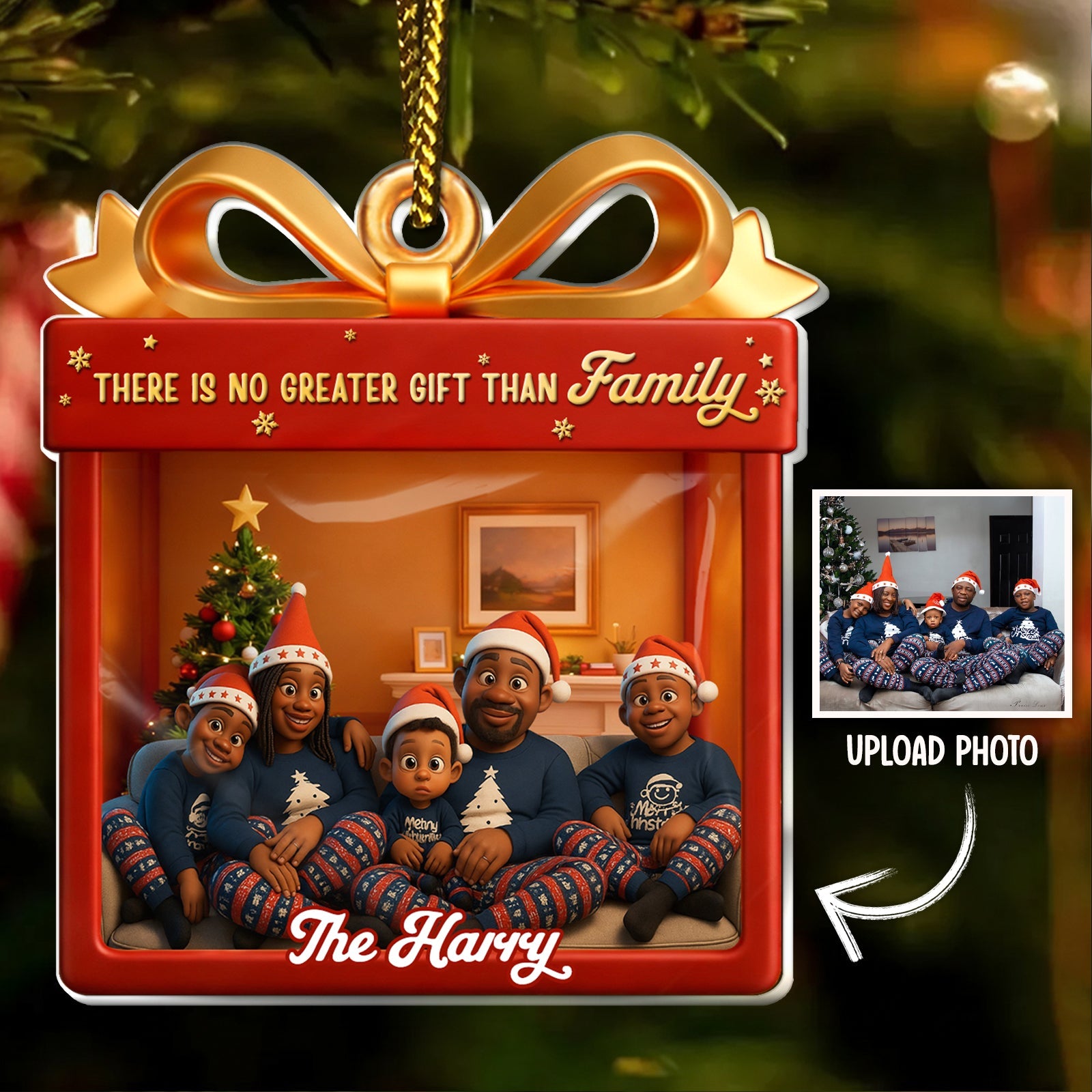 Custom acrylic Christmas ornament featuring a family scene with personalized text and festive decorations