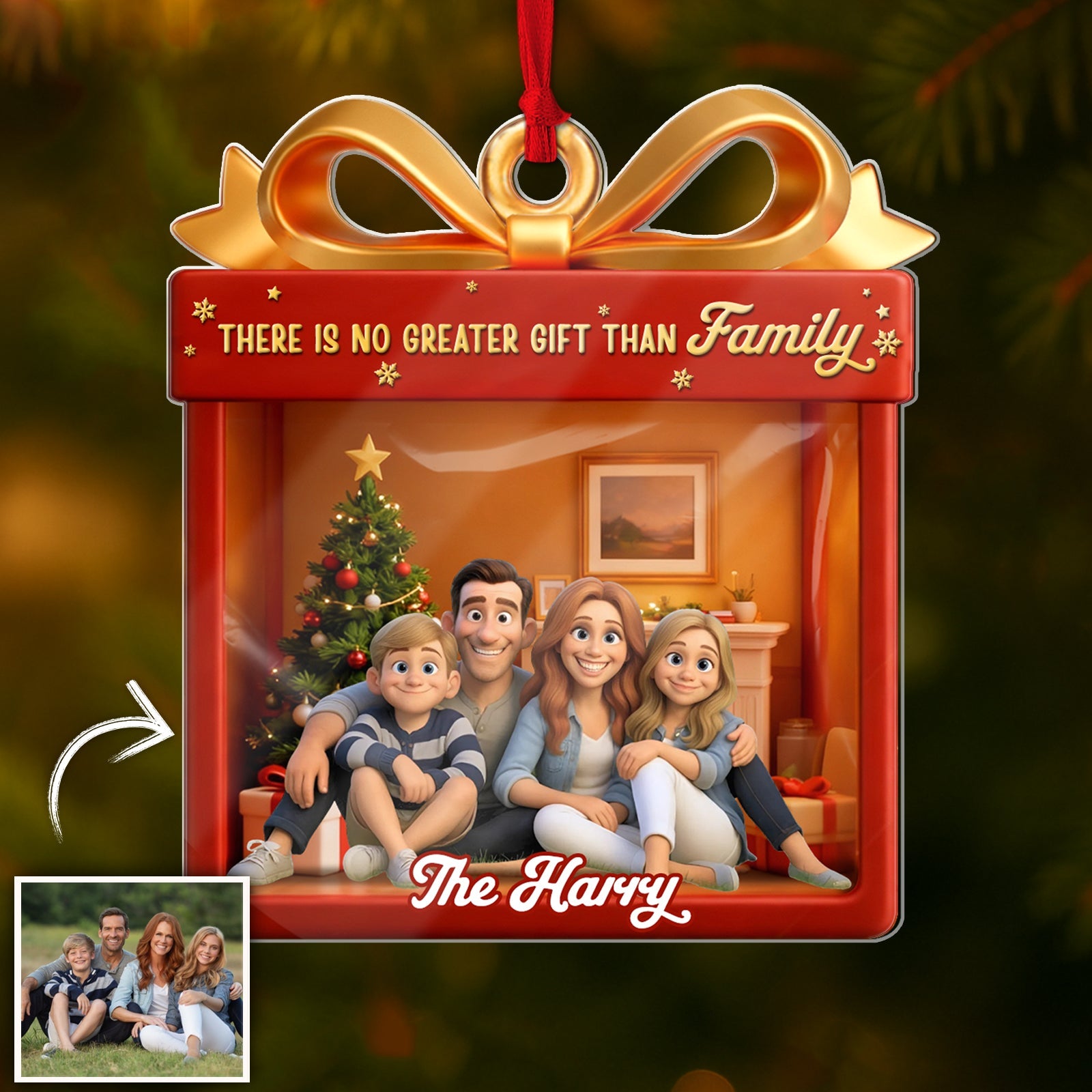 Custom acrylic Christmas ornament featuring a family photo with festive decoration and a gift bow