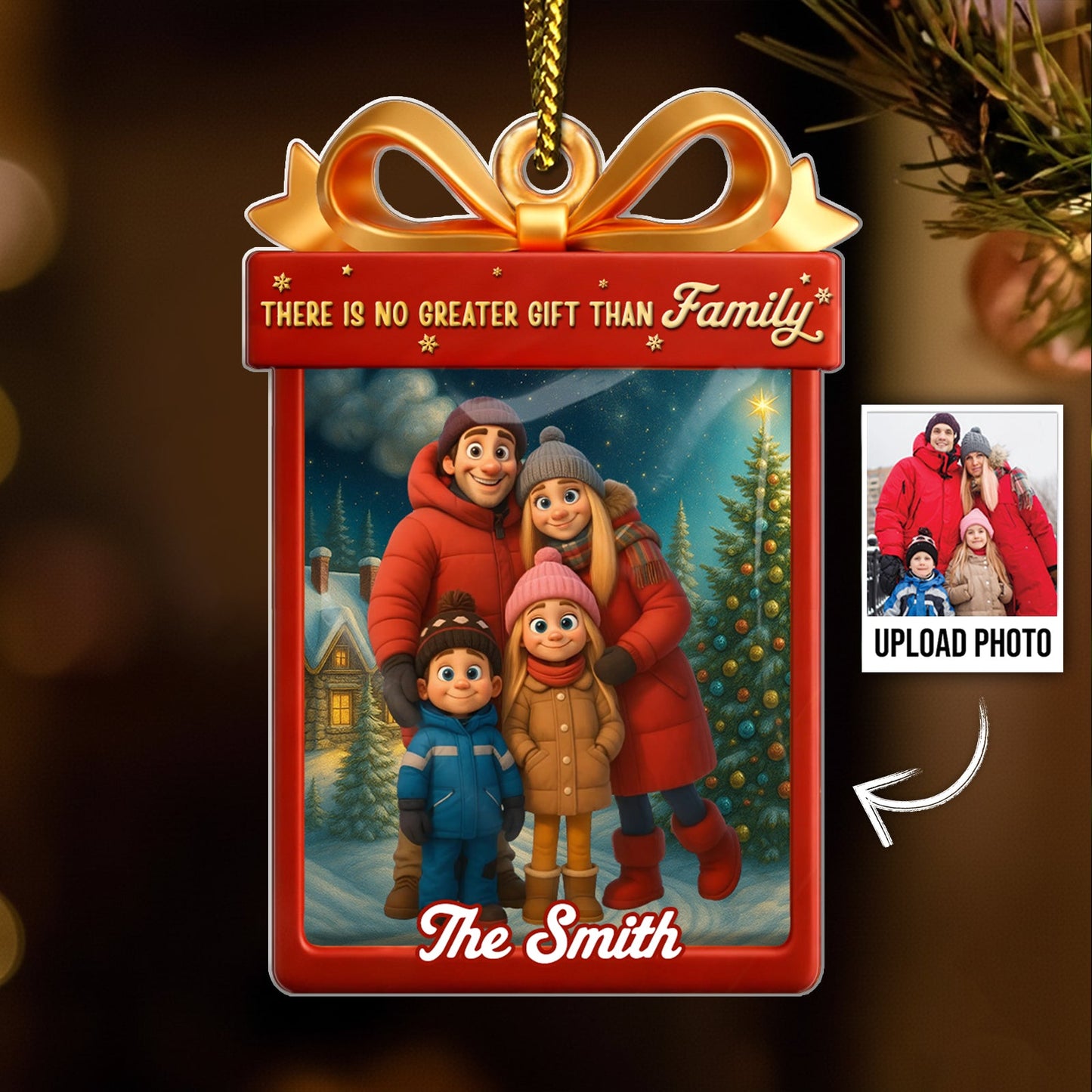 Custom acrylic Christmas ornament featuring a family photo with a festive design and the text There is No Greater Gift Than Family