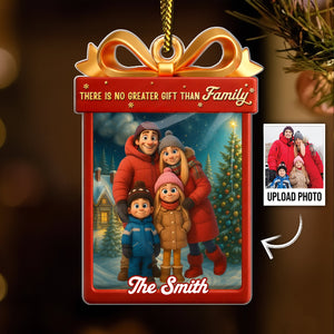 Custom acrylic Christmas ornament featuring a family photo with a festive design and the text There is No Greater Gift Than Family