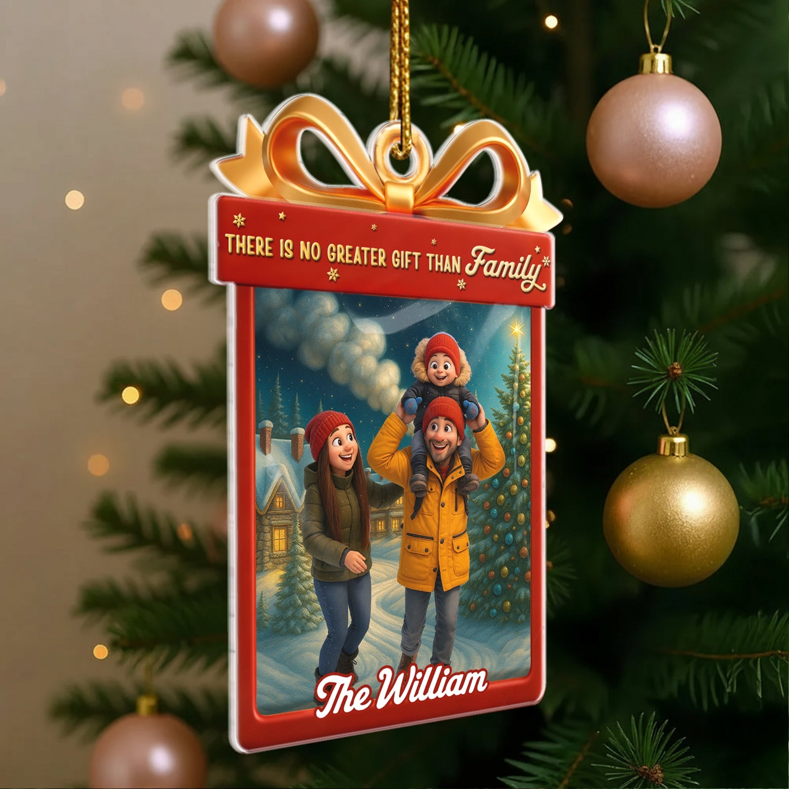 Custom acrylic Christmas ornament featuring a family with personalized name for holiday decorations