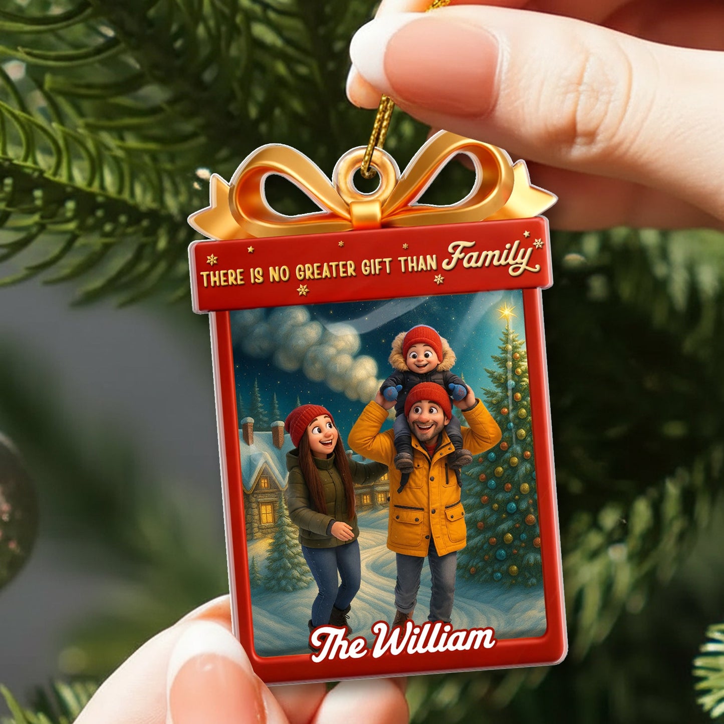 Custom acrylic Christmas ornament featuring a family photo with a festive design and personalized name
