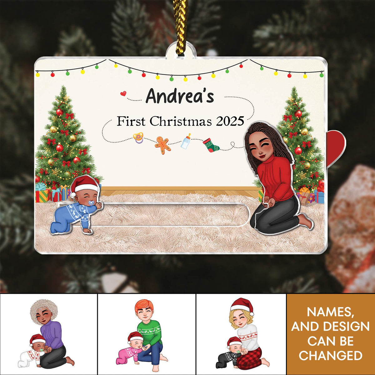 Custom acrylic Christmas slider card featuring a personalized design for a memorable first Christmas celebration