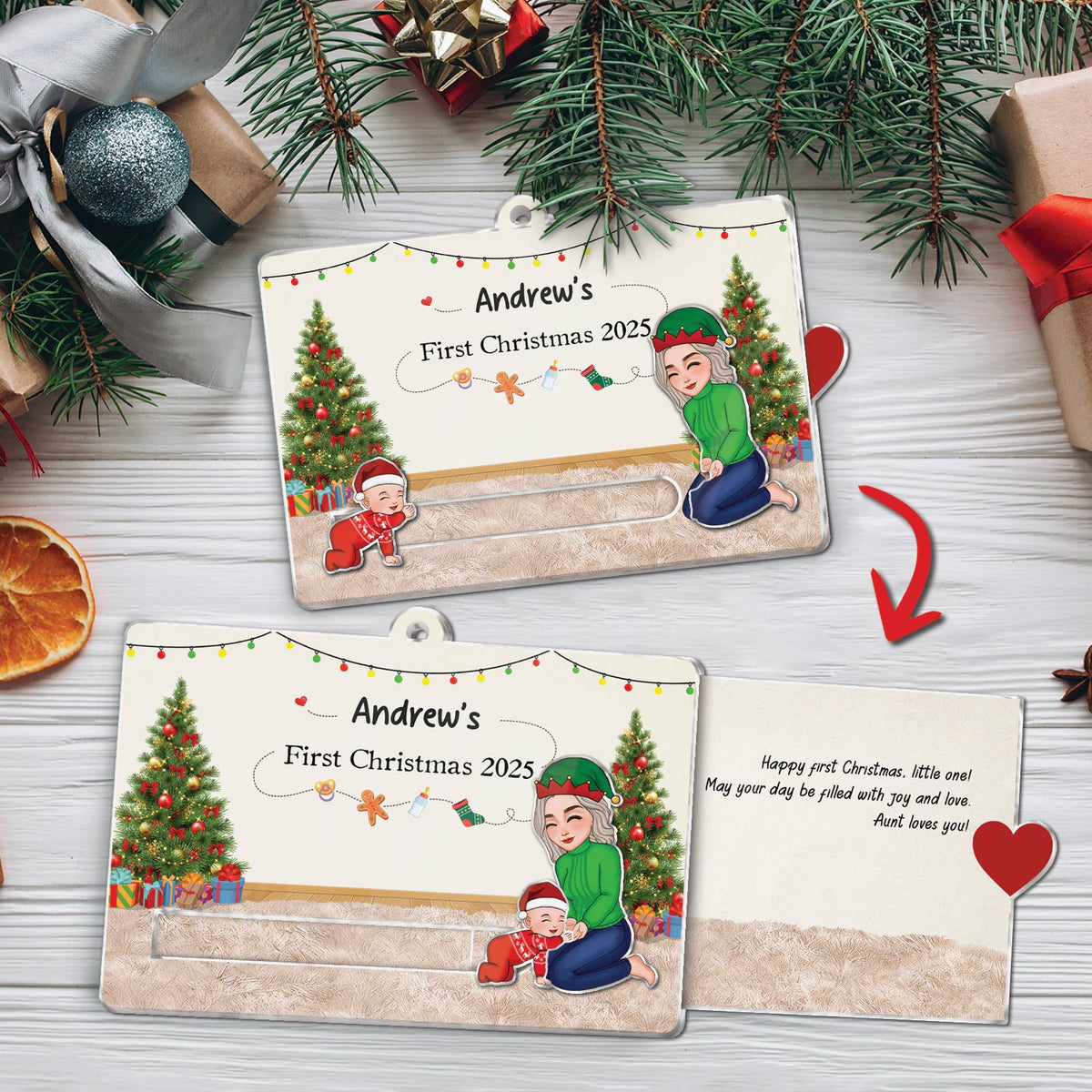Custom acrylic Christmas slider card featuring a festive design for personalized holiday greetings