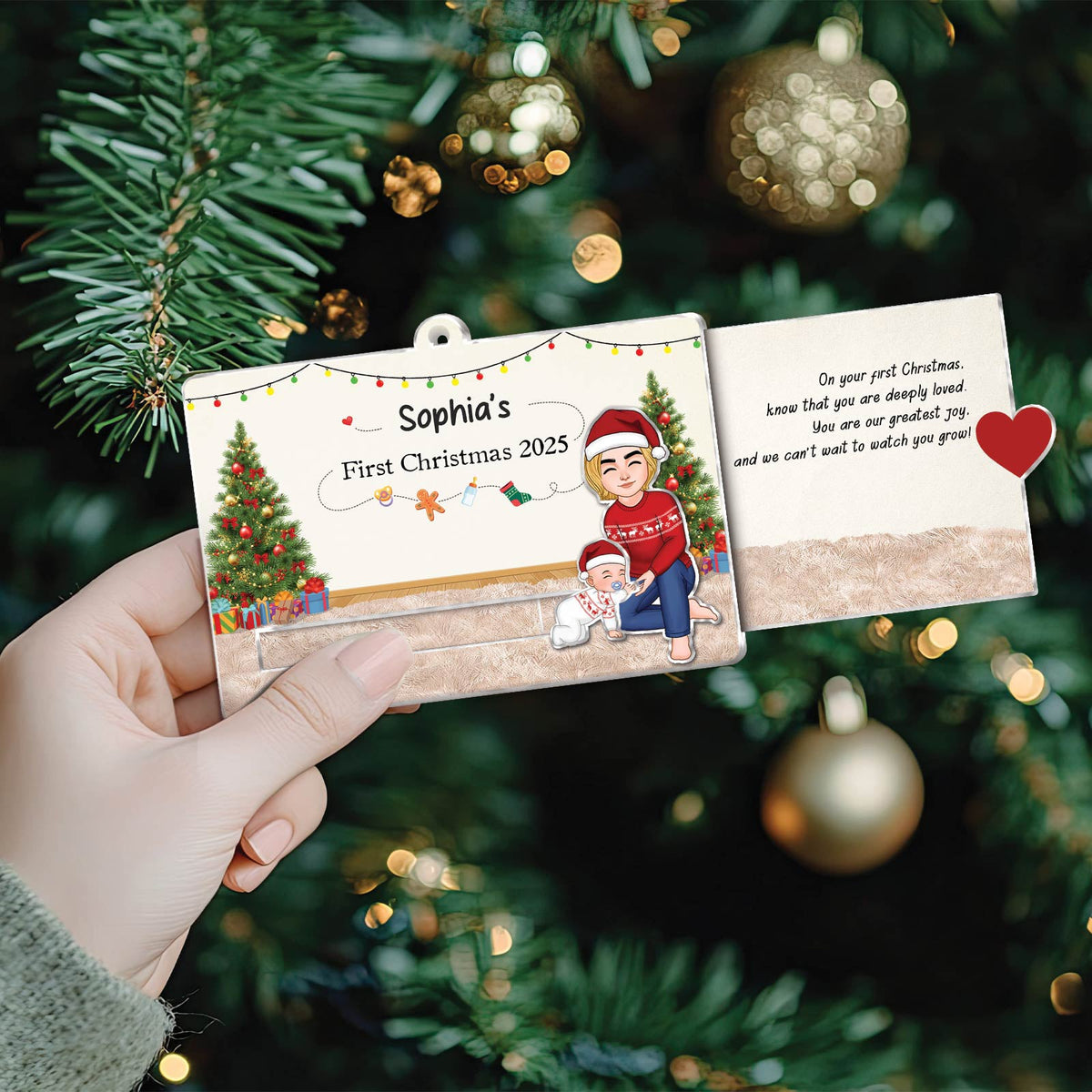 Custom acrylic Christmas slider card featuring a personalized design for Sophia's first Christmas 2025