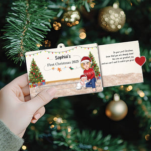 Custom acrylic Christmas slider card featuring a personalized design for Sophia's first Christmas 2025