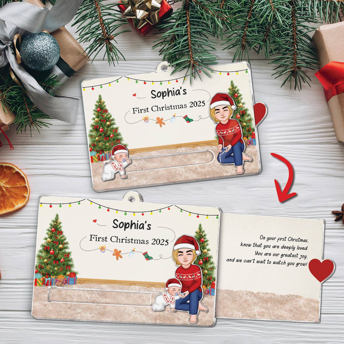 Custom acrylic Christmas slider card featuring family illustrations and holiday decorations