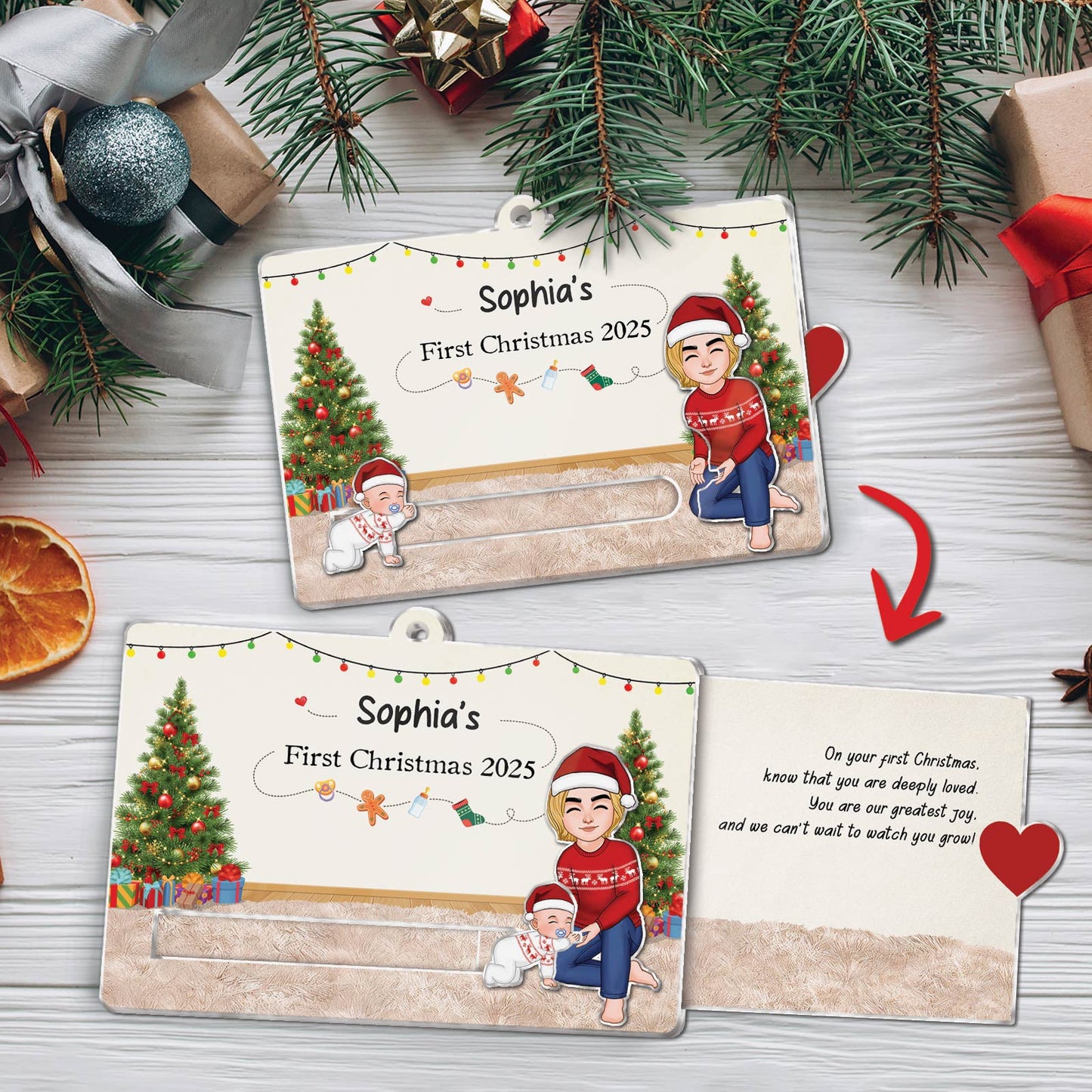 Custom acrylic Christmas slider card featuring family illustrations and holiday decorations
