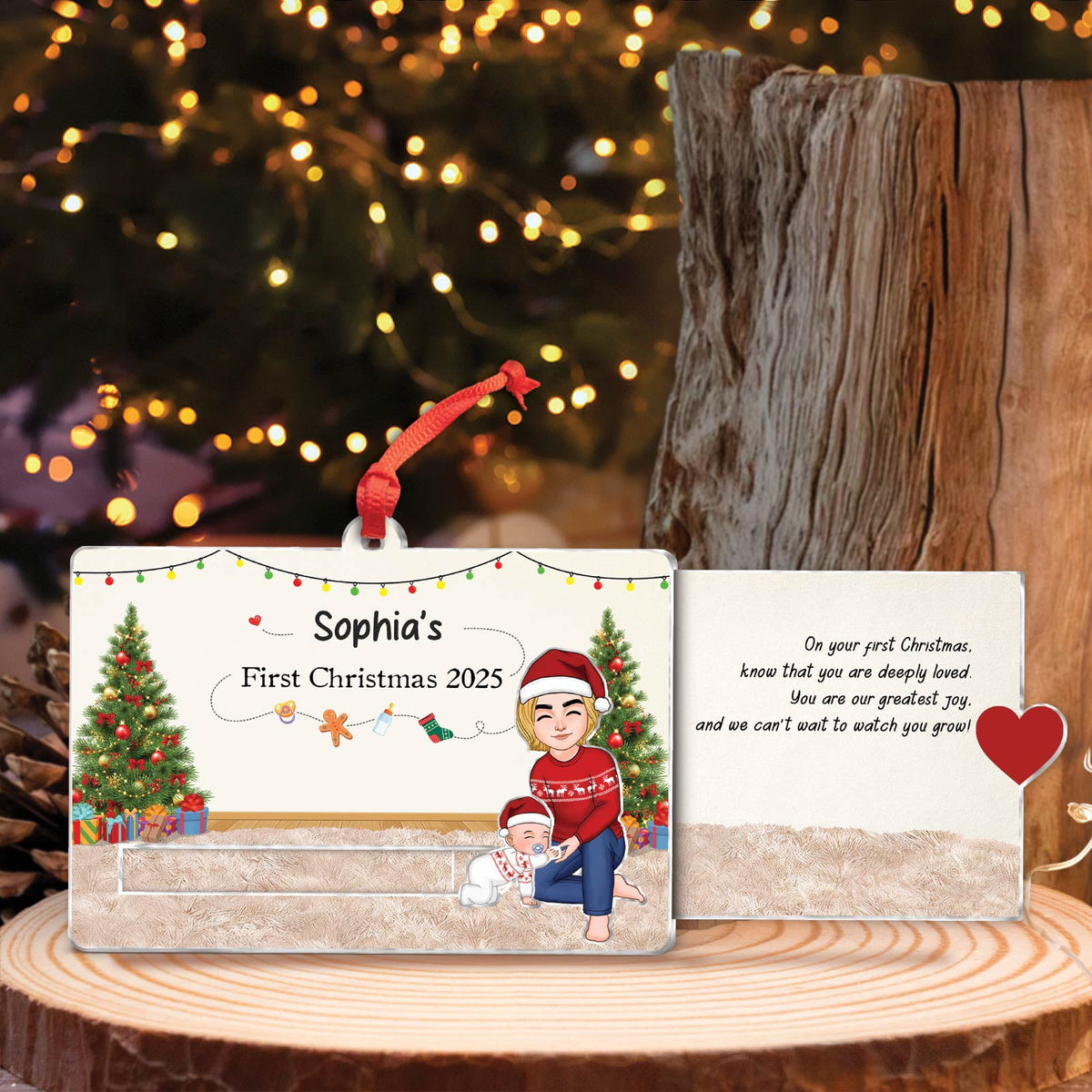 Custom acrylic Christmas slider card featuring a festive design for celebrating a child's first Christmas