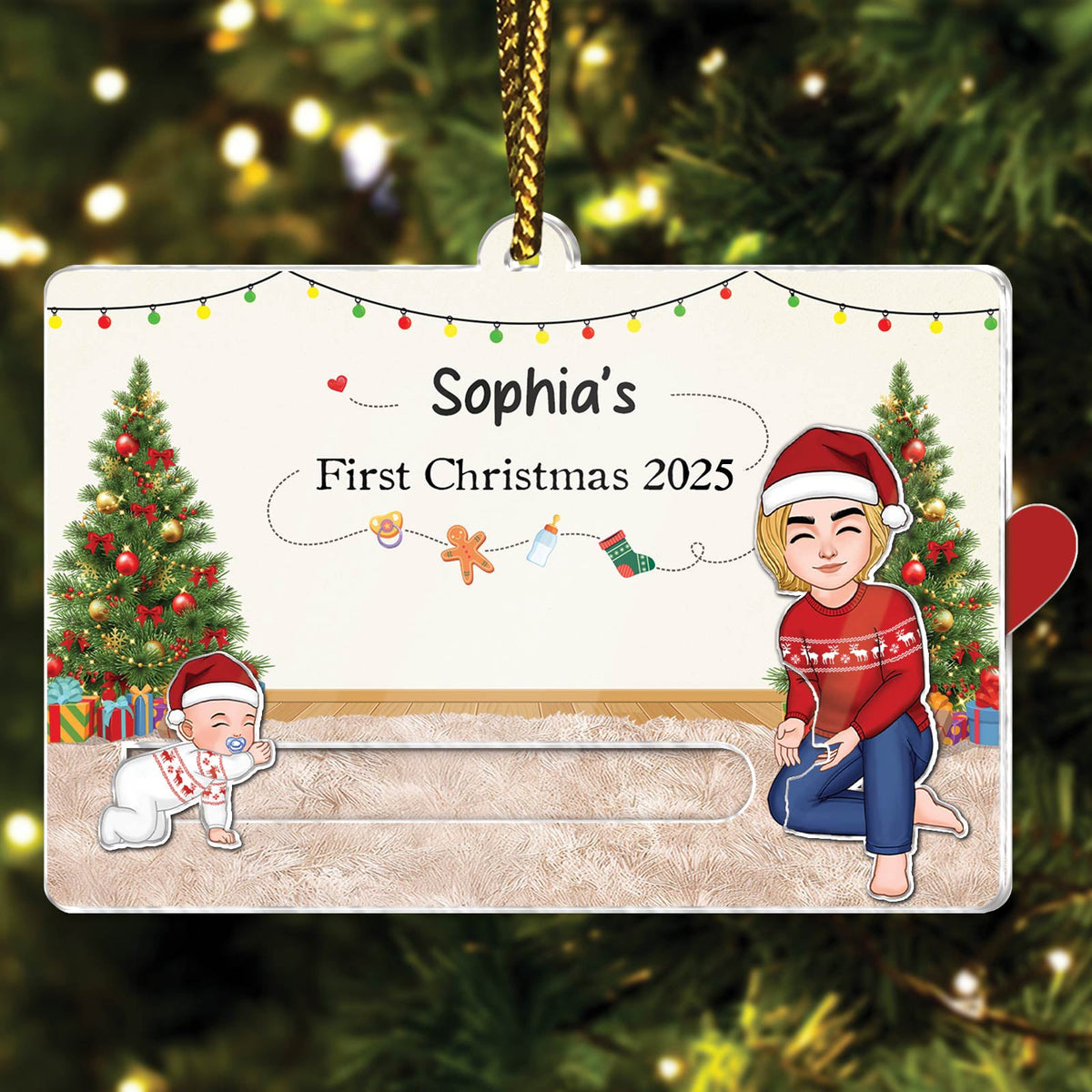Custom acrylic Christmas slider card featuring two children celebrating Christmas 2025 with festive decorations