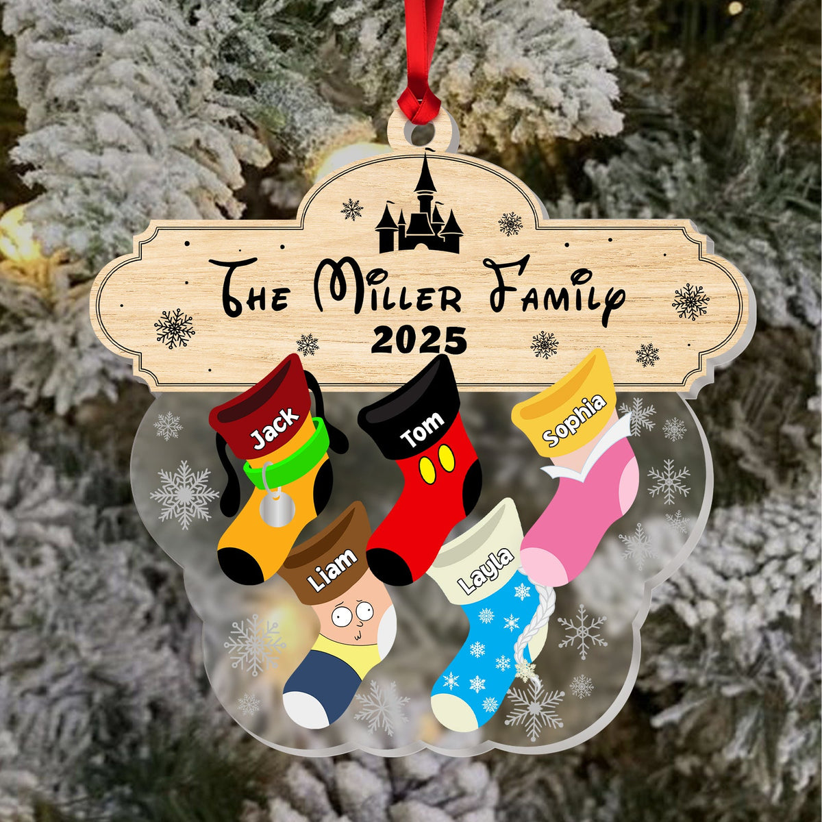 Custom acrylic family ornament featuring festive stockings with names for a personalized holiday decoration