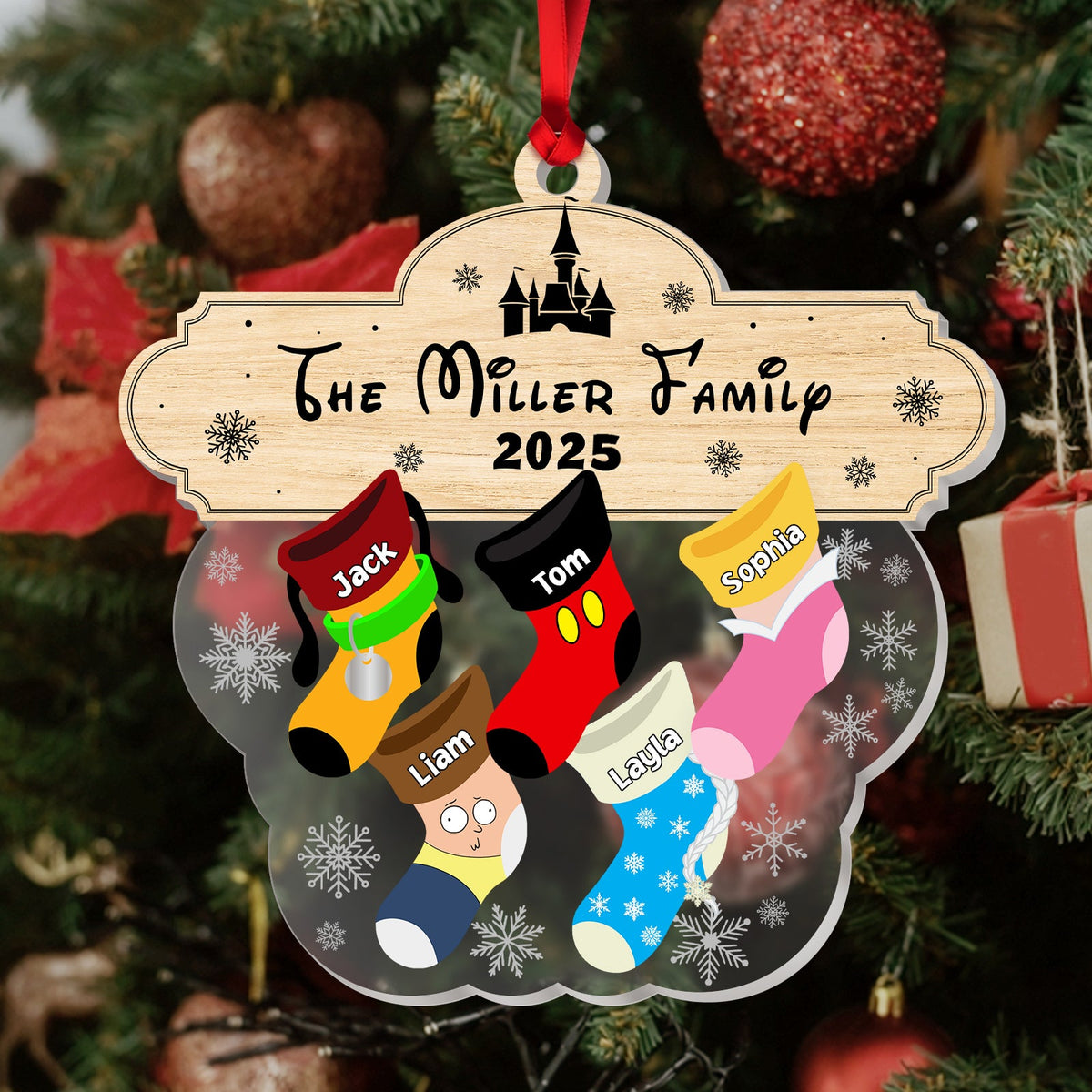 Custom acrylic family ornament featuring personalized stockings with names for 2025 family celebration