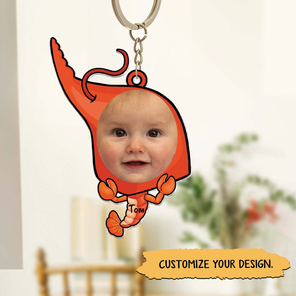 Custom acrylic photo keychain featuring a playful shrimp design with a personalized photo area