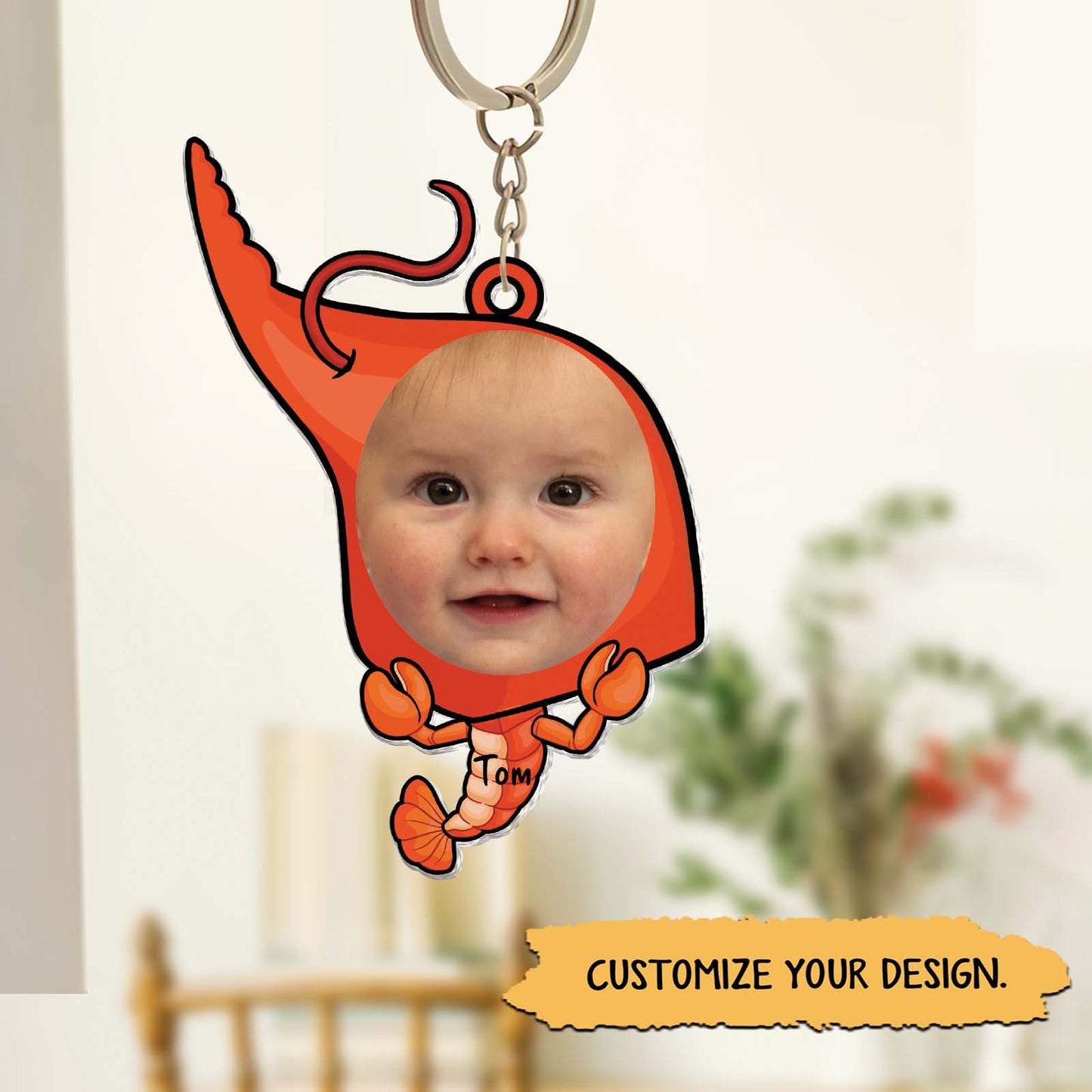 Custom acrylic photo keychain featuring a playful shrimp design with a personalized photo area