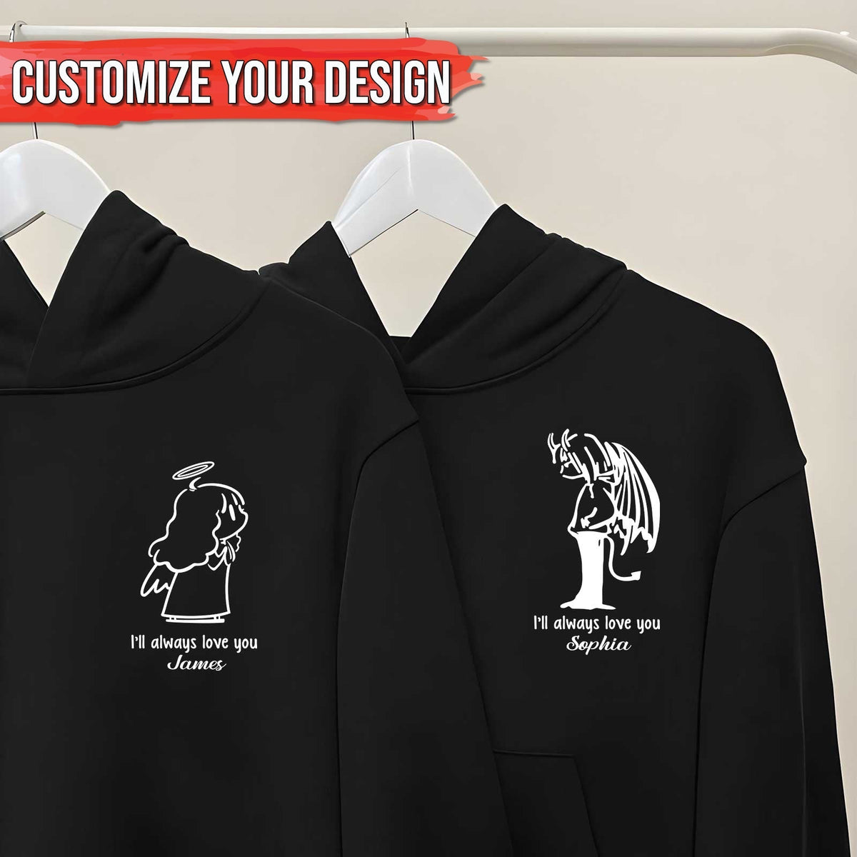 Black custom angel t-shirt for couples with personalized love message and angel designs on front