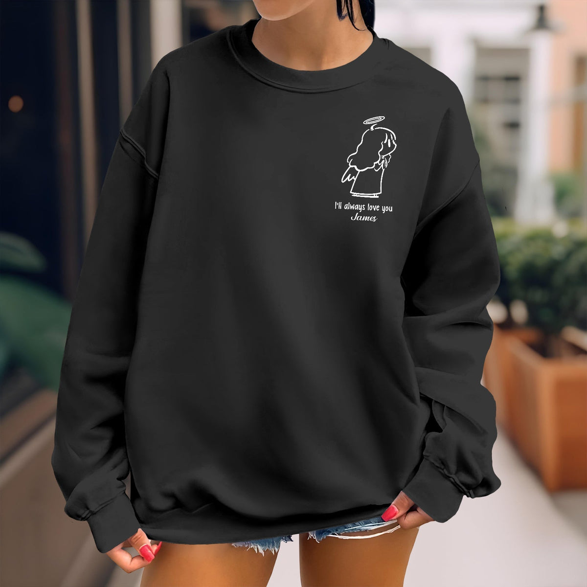 Black custom angel t-shirt for couples with angel design and personalized text on chest