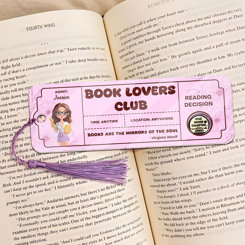 Bookmark For Book Lovers with Book Lovers Club design and purple tassel on an open book page