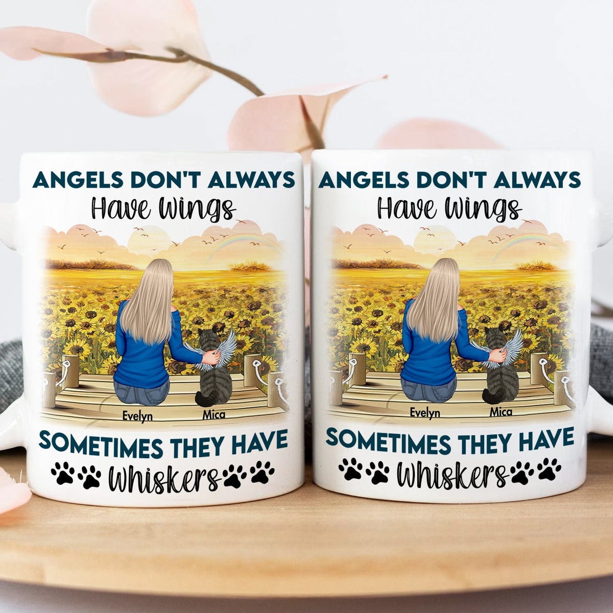 Custom cat memorial gift mug featuring a woman with cats in a sunflower field