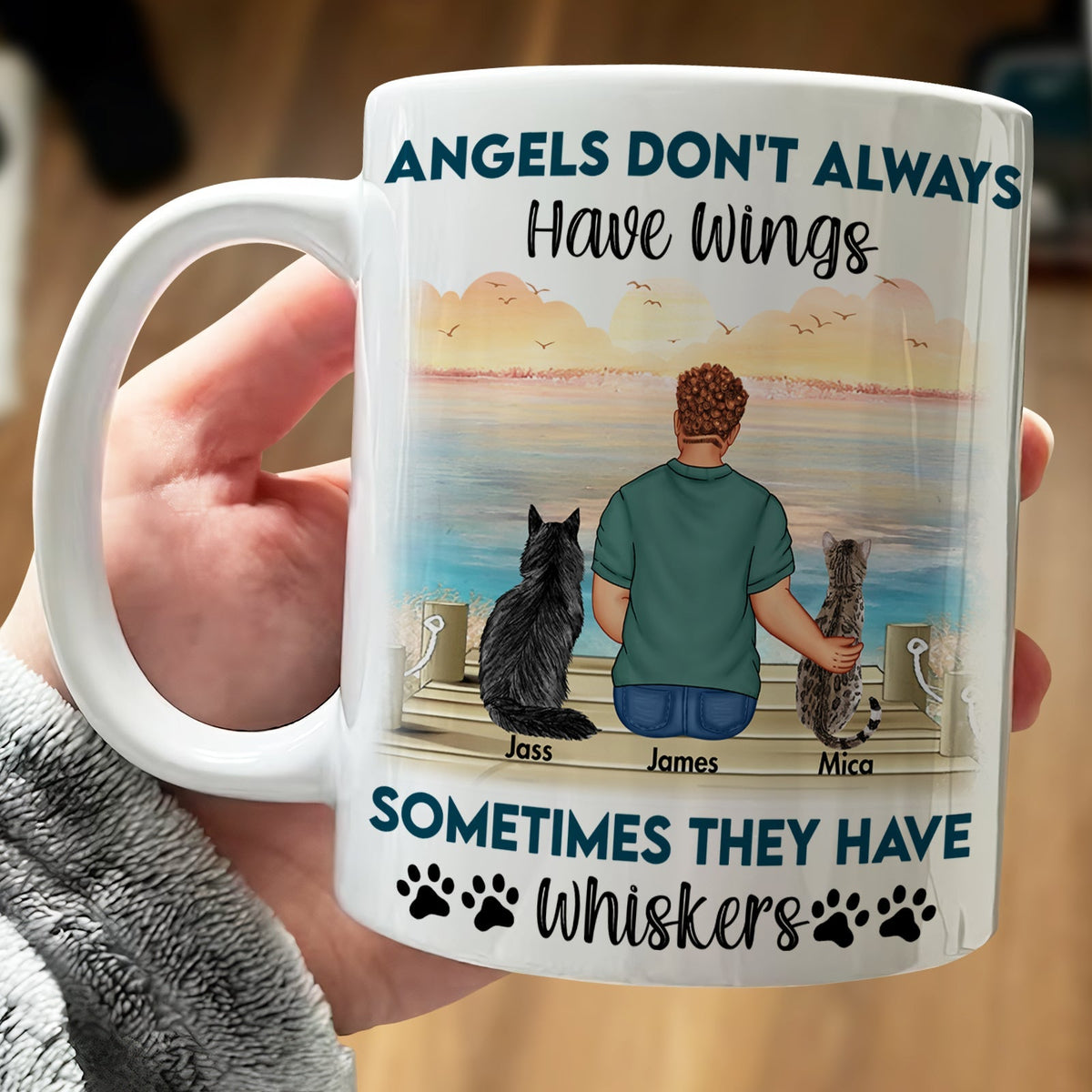 Custom cat memorial gift mug featuring a person with two pets overlooking a serene landscape