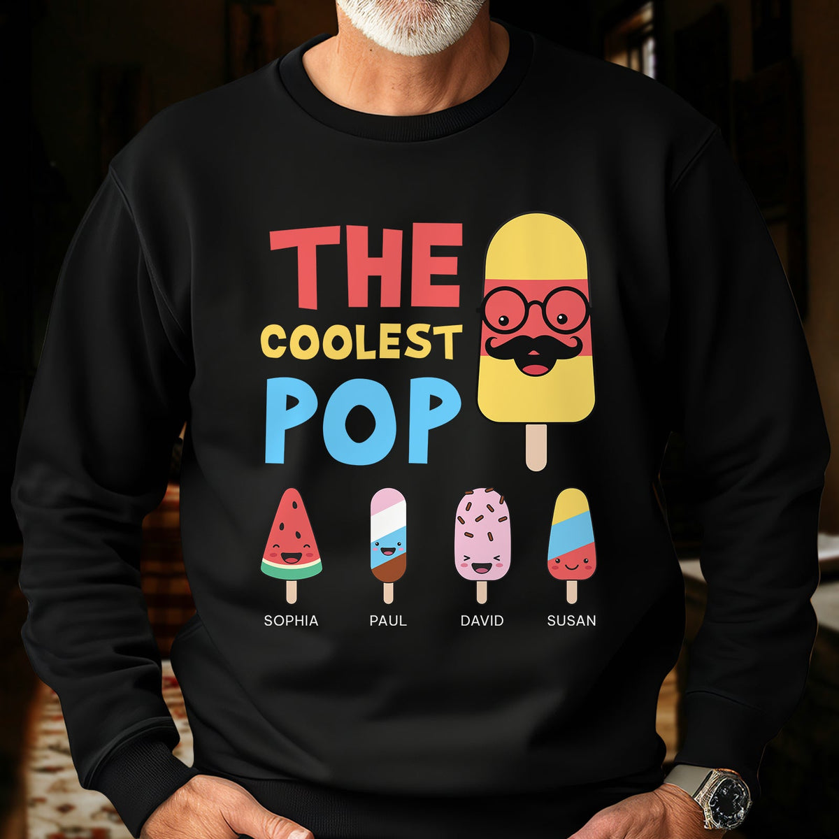 Black custom coolest pop t-shirt with colorful ice cream characters and names printed on front