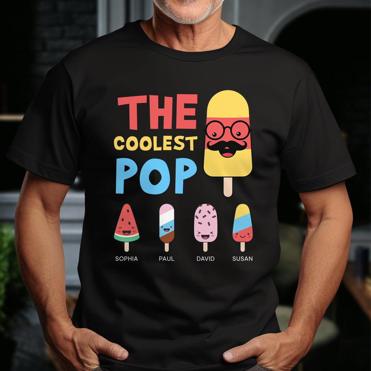 Black custom coolest pop t-shirt with colorful ice cream graphics and names Sophia Paul David Susan