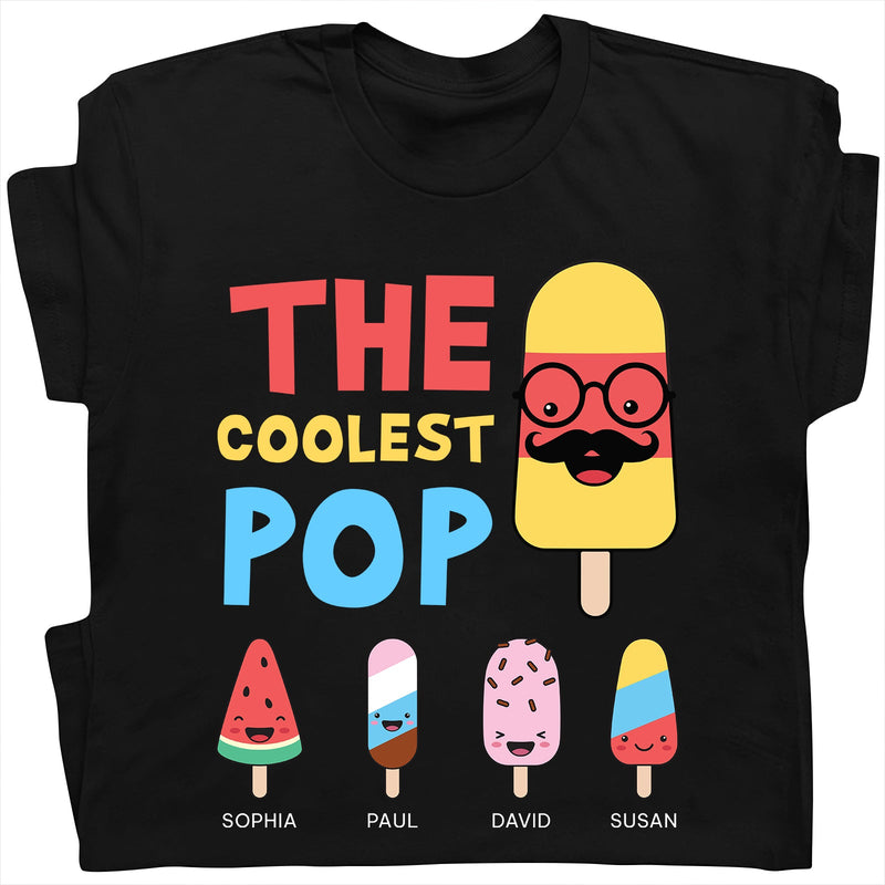 Black custom coolest pop t-shirt with colorful cartoon popsicles and names Sophia Paul David Susan
