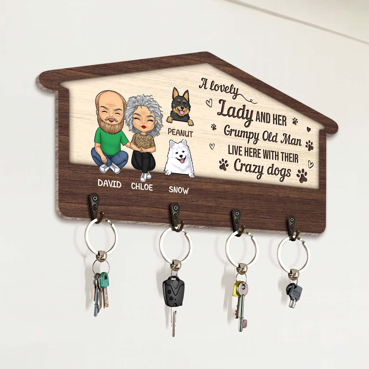 Custom couple key holder with cartoon characters and hooks for organizing keys at home