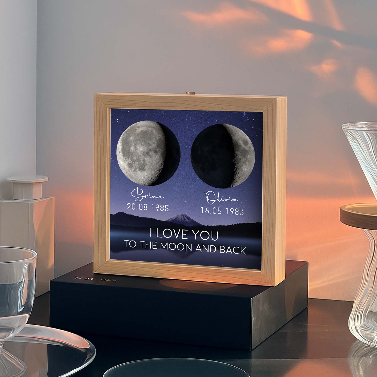 Custom couple lamp box gift featuring moon phases personalized with names and dates for a romantic touch