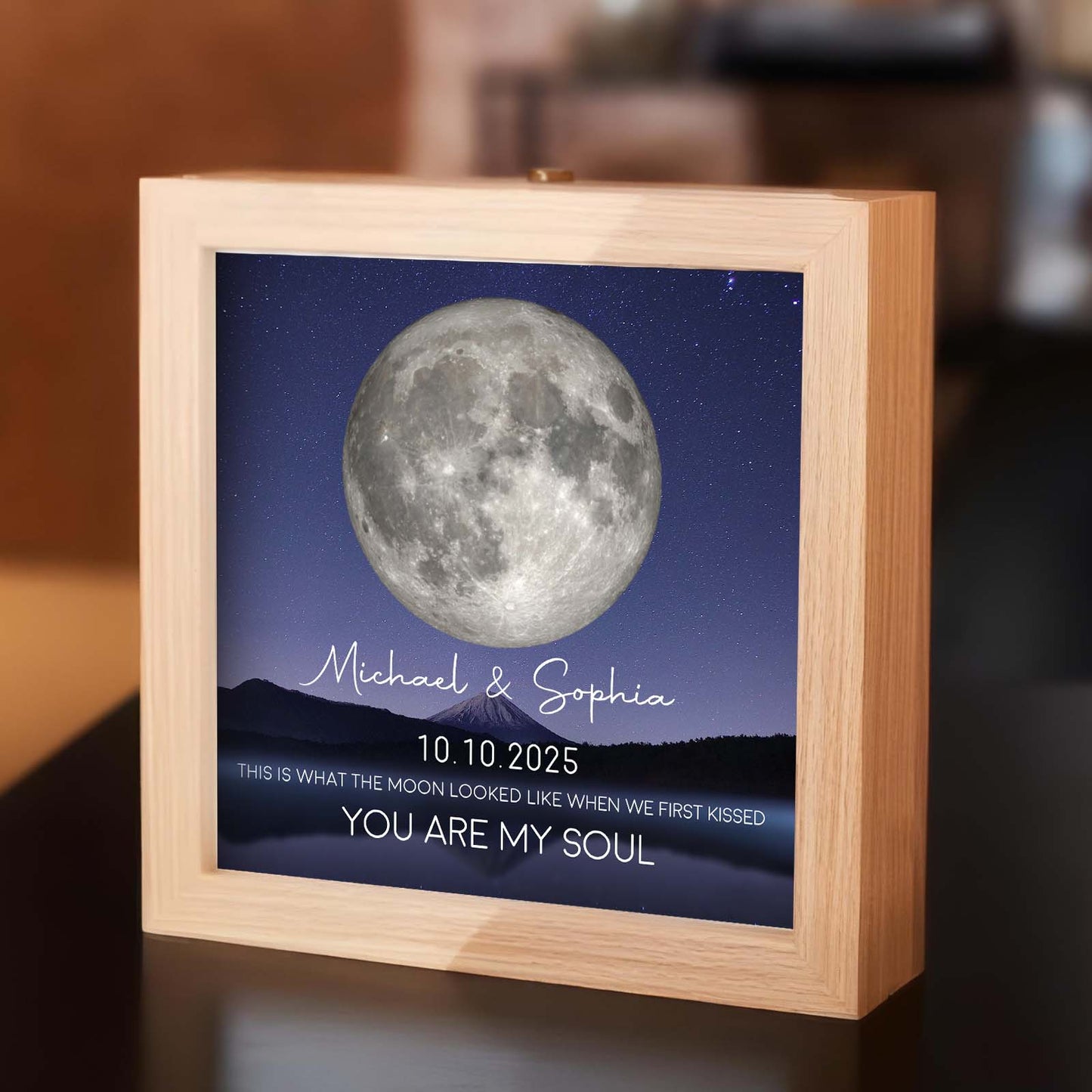 Custom couple lamp box gift with personalized names and significant date under a moonlit sky