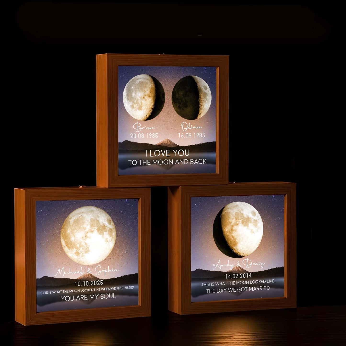 Custom couple lamp box gift featuring heartfelt messages and moon designs for romantic decor