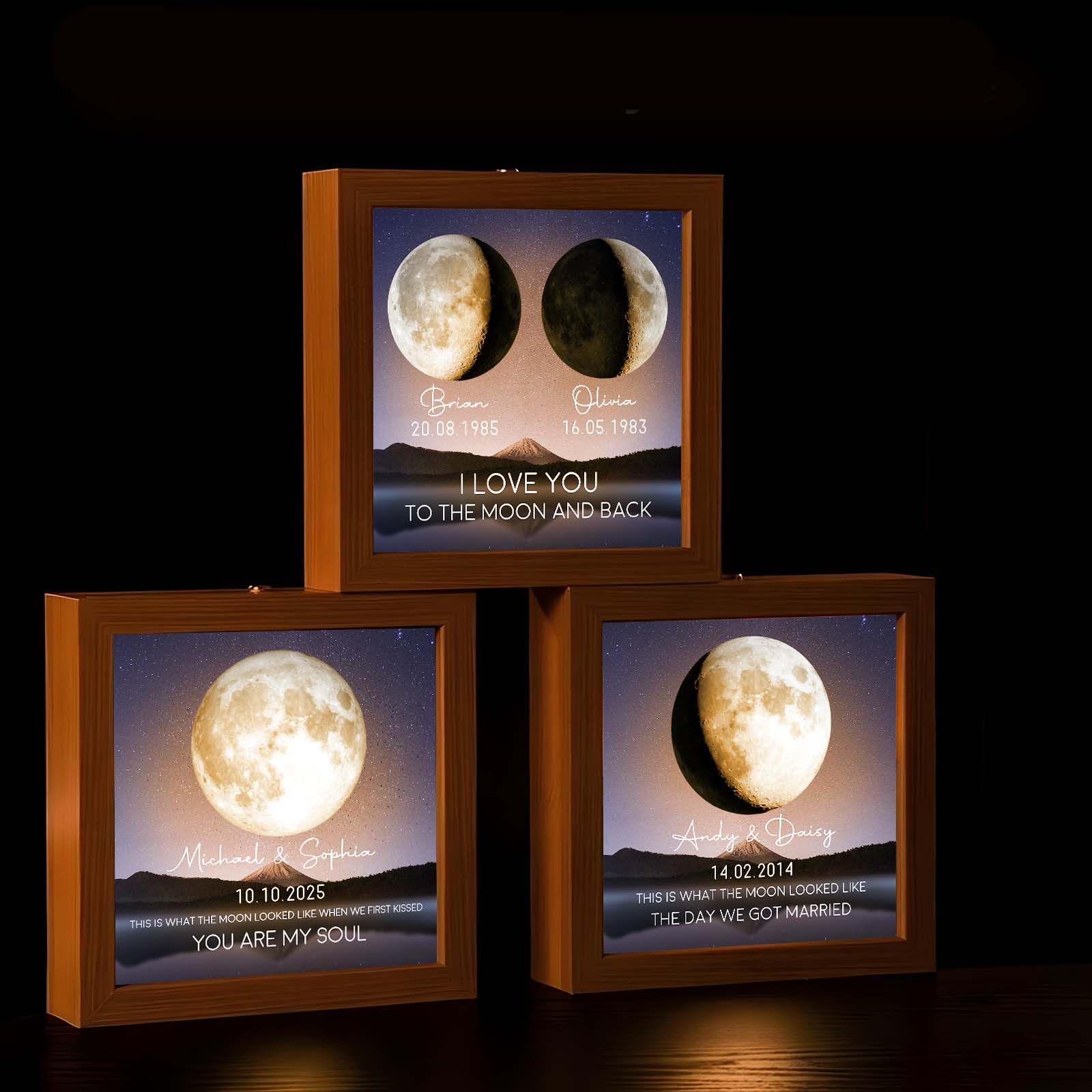 Custom couple lamp box gift featuring heartfelt messages and moon designs for romantic decor