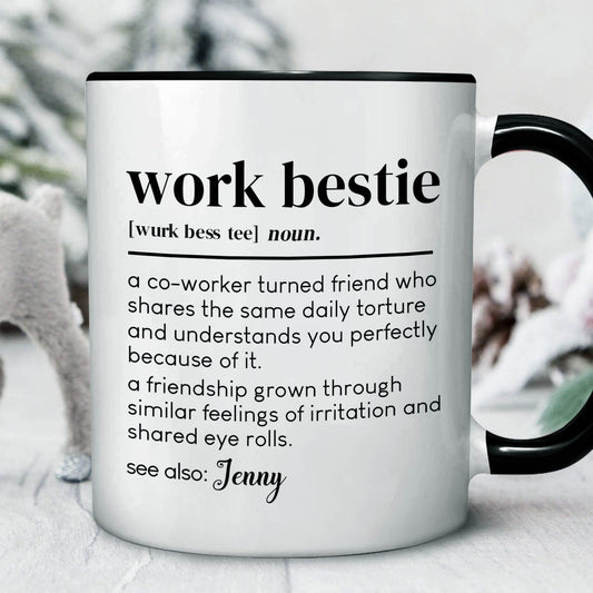 Custom coworker gift mug featuring a playful definition of work bestie for friends at the office