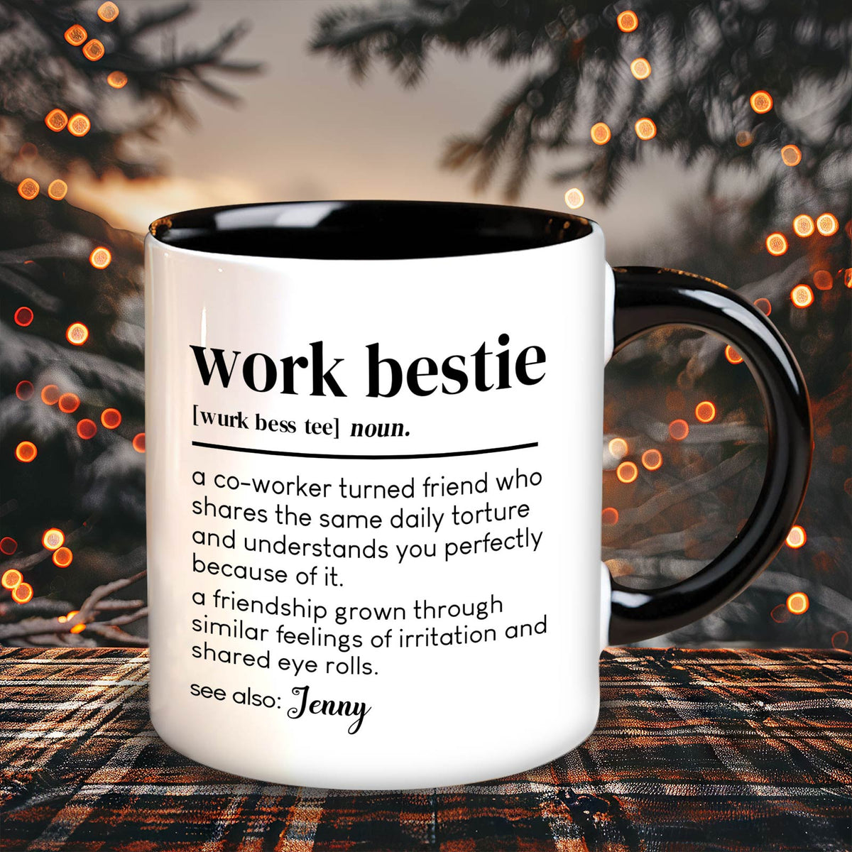Custom coworker gift mug with playful definition of work bestie for coffee lovers