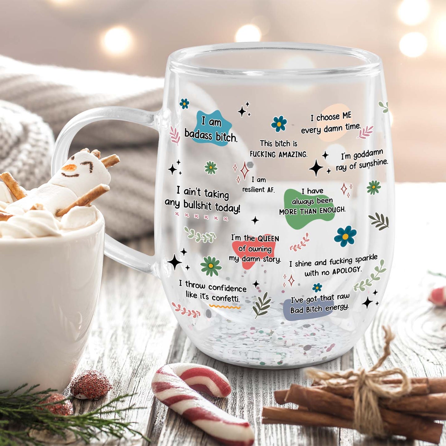 Custom double walled glass for besties featuring fun and motivational quotes in colorful designs