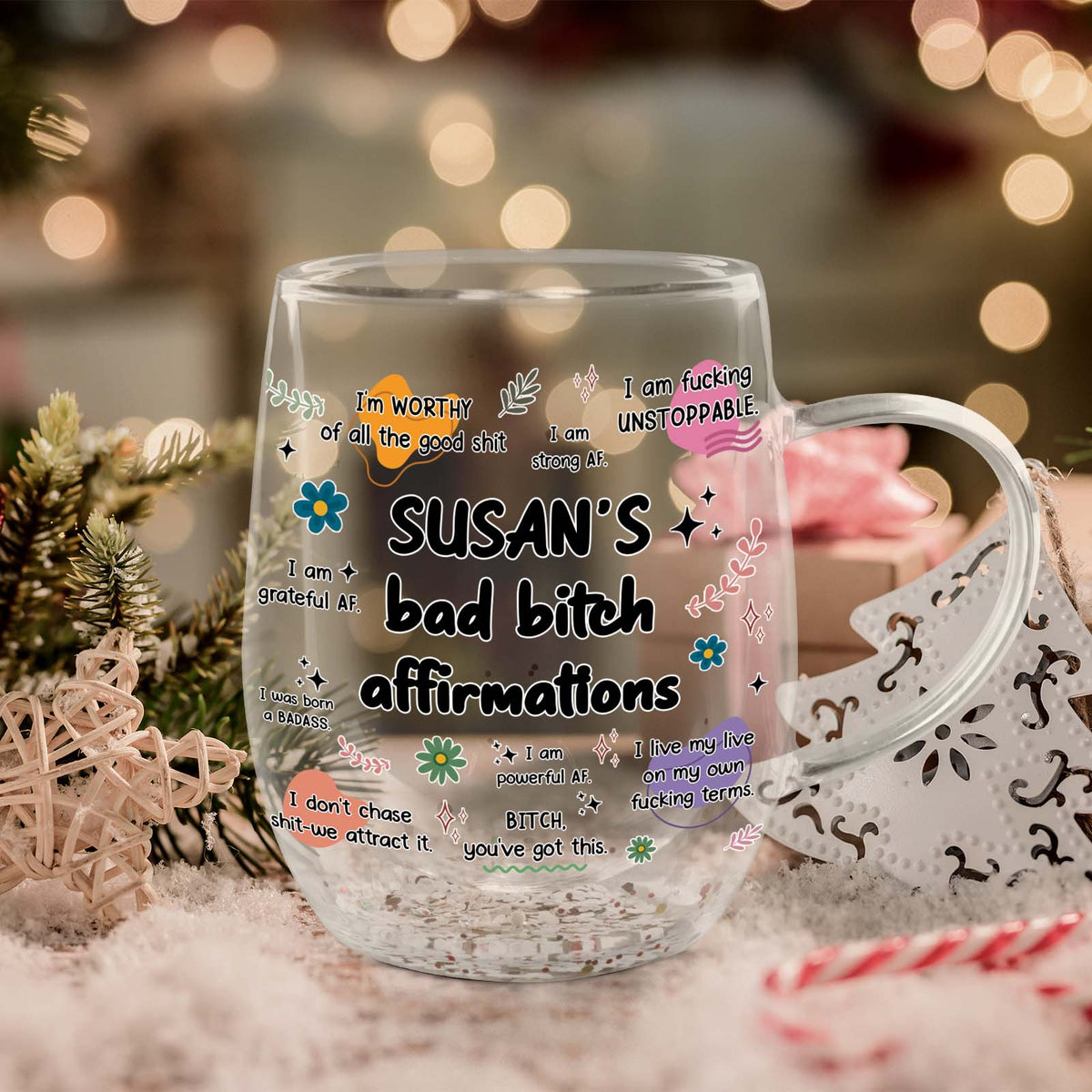Custom double walled glass for besties featuring affirmations and personalized name for unique gifts