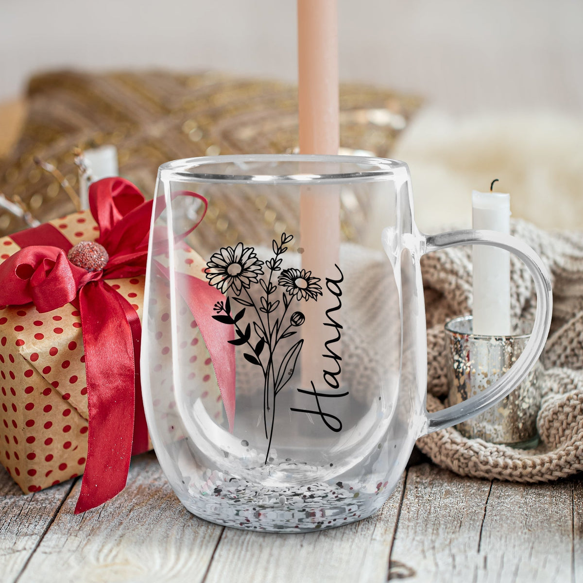 Custom double walled mug with name featuring a floral design and personalized name for unique gifting