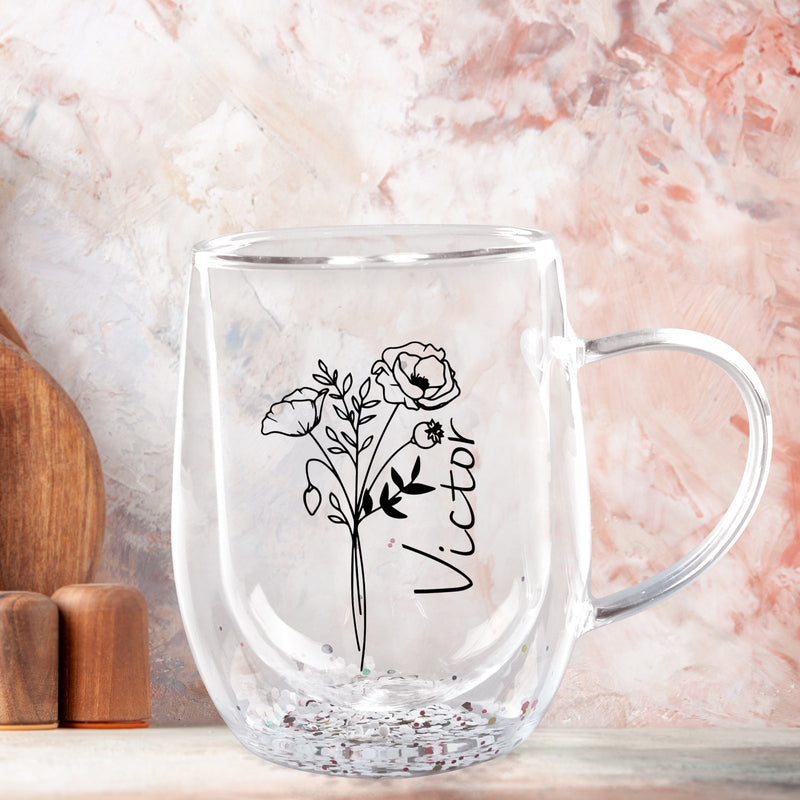 Custom double walled mug with name Victor featuring a floral design for personalized gifting
