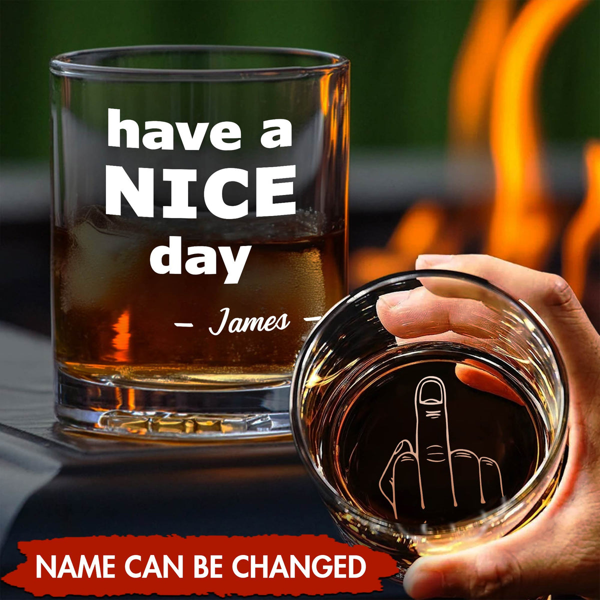 Personalized Whiskey Glass with engraved have a NICE day message and concealed middle finger etching