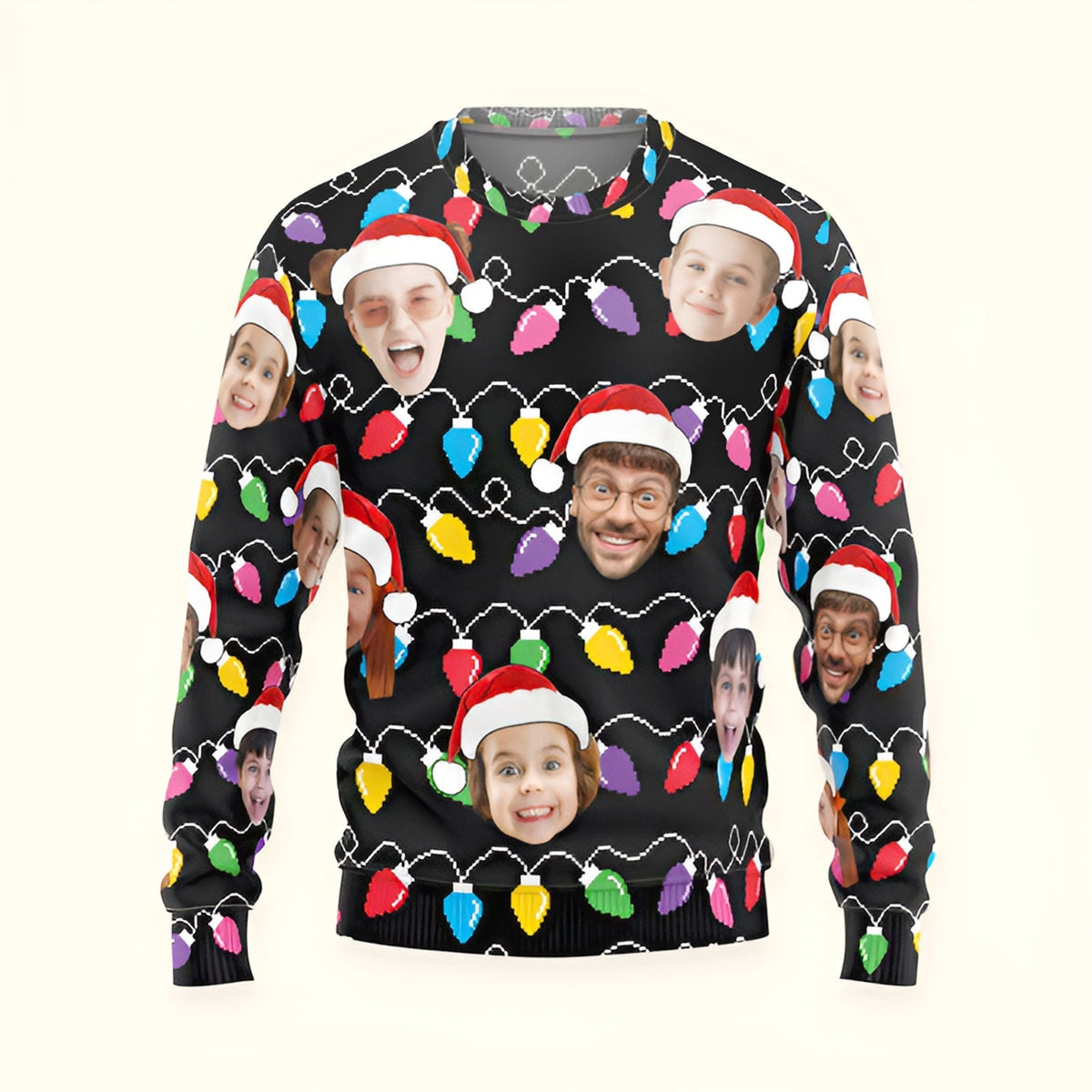 365Gifty custom face christmas sweater with colorful holiday lights and multiple faces wearing Santa hats on black background